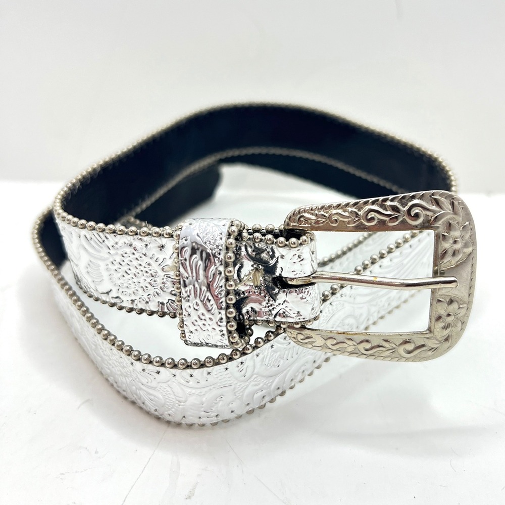 Two Blondes NY Silver Metallic Western Embossed Belt Ball Chain Trim M/L 80s 90s